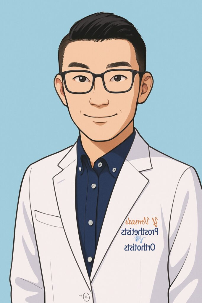 義肢装具士のイラスト。白衣を着た男性が正面を向いて微笑んでいる
